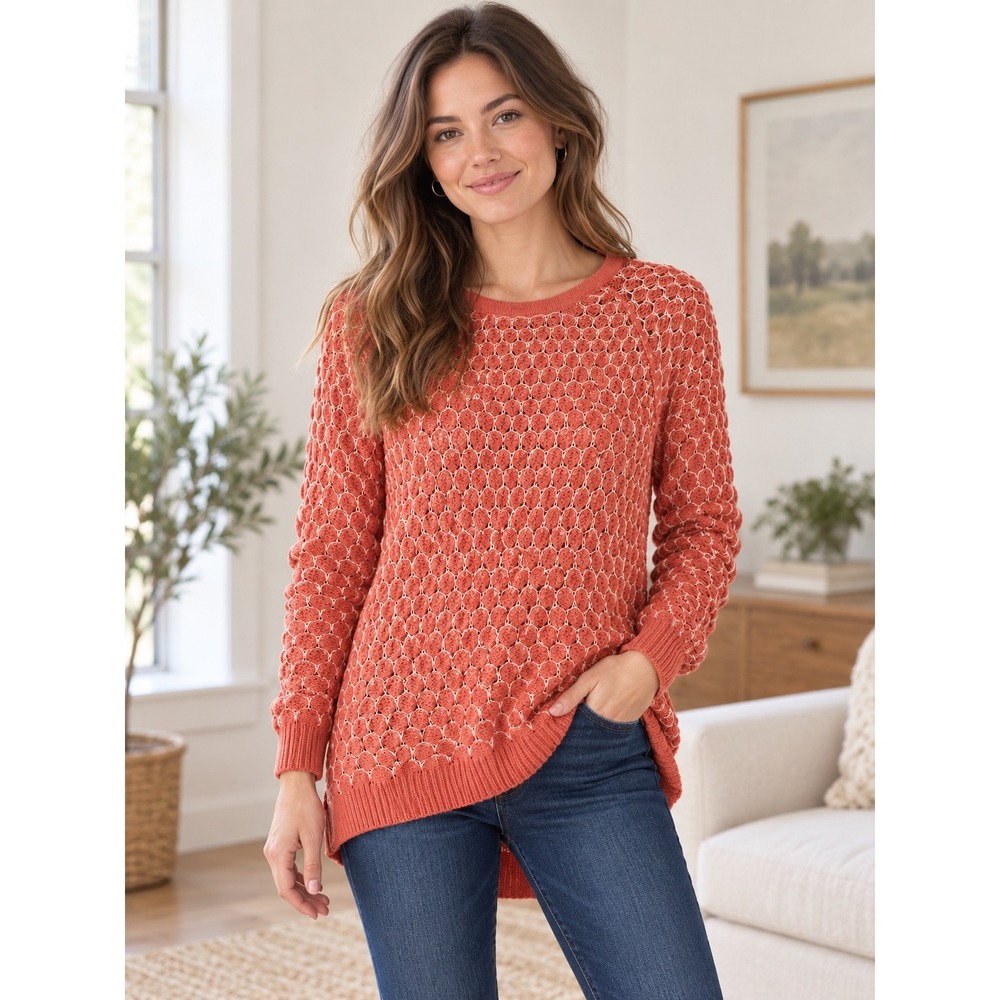 Anthropologie Moth Coral Orange Honeycomb Open Knit Back Zip Sweater Small